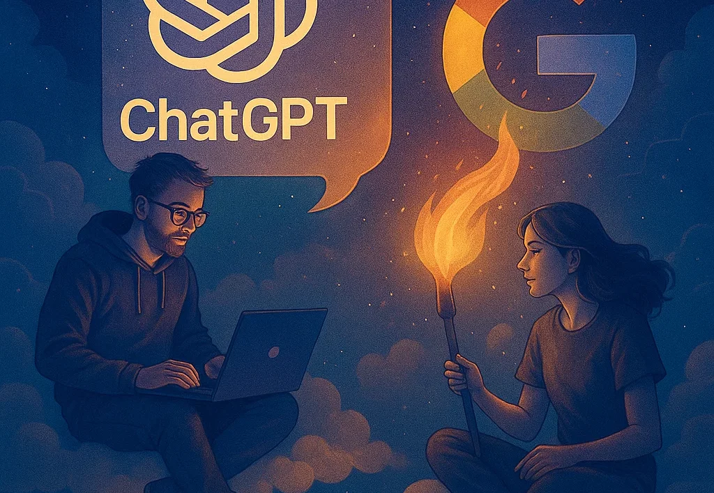 Illustration ChatGPT vs Google showing deux utilisateurs dans environnement numérique - étude Semrush 2025 cohabitation IA et moteur de recherche traditionnel