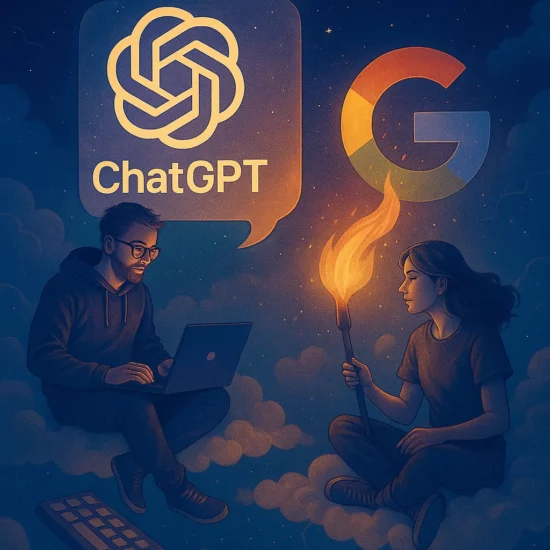 Illustration ChatGPT vs Google showing deux utilisateurs dans environnement numérique - étude Semrush 2025 cohabitation IA et moteur de recherche traditionnel